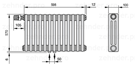Схема (чертеж) Радиатор Zehnder Charleston 3057/13 №V007 Technoline TL
